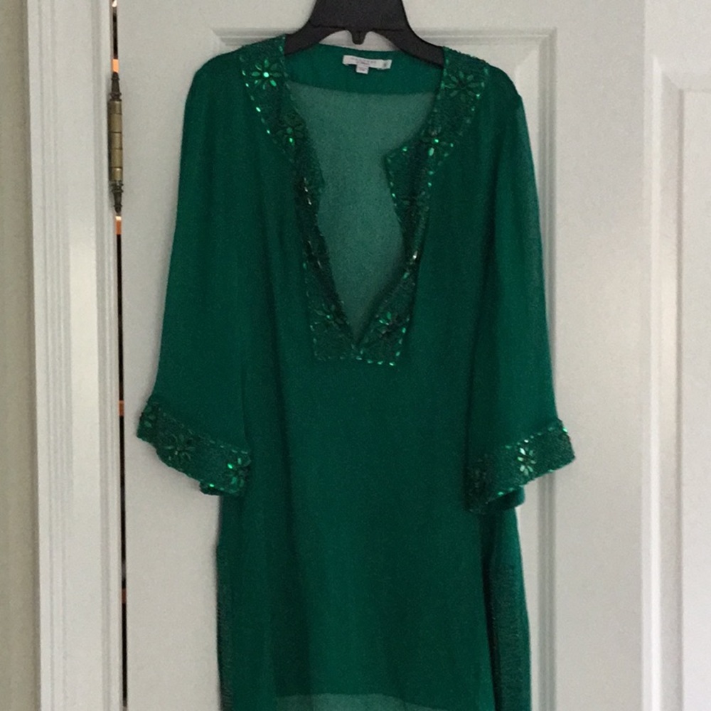CALYPSO kelly green beaded 100% silk tunic